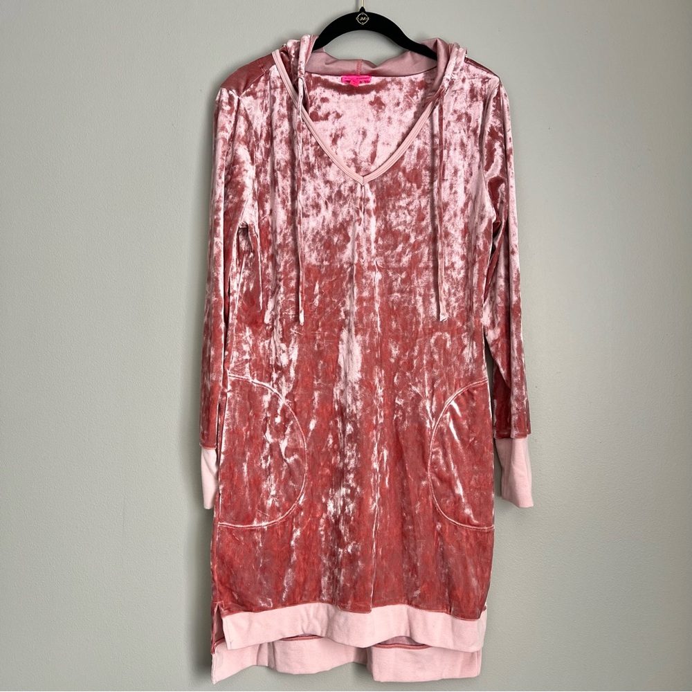 Betsey Johnson Y2K-Inspired Pink Velour Hooded Tunic Hi-Low Sleep Dress Small